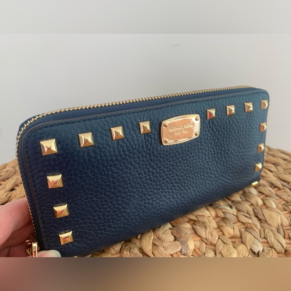 Michael Kors Continental Wallet Gold Studded Leather Navy Blue, NWT